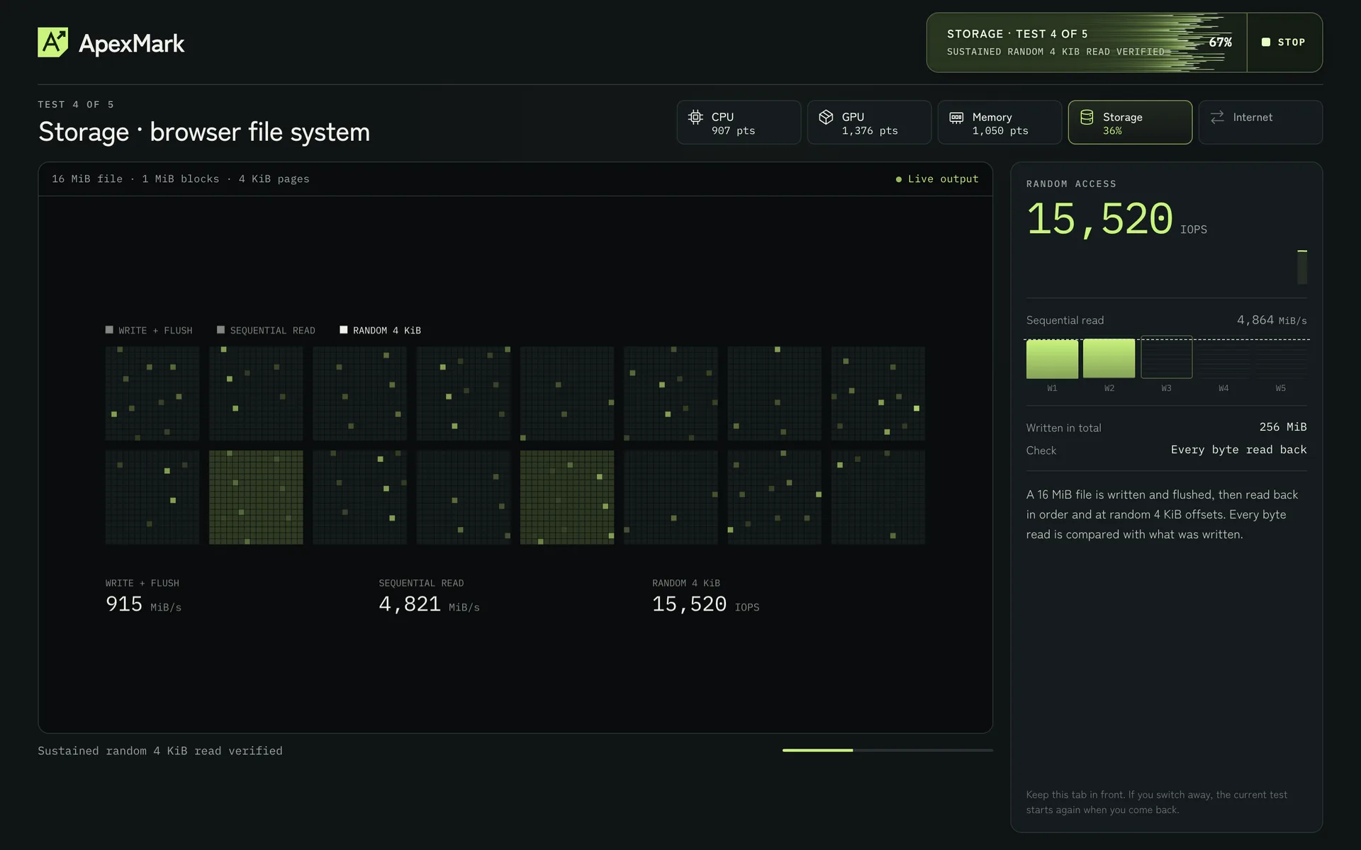 Storage: sustained writes and reads through the browser file system