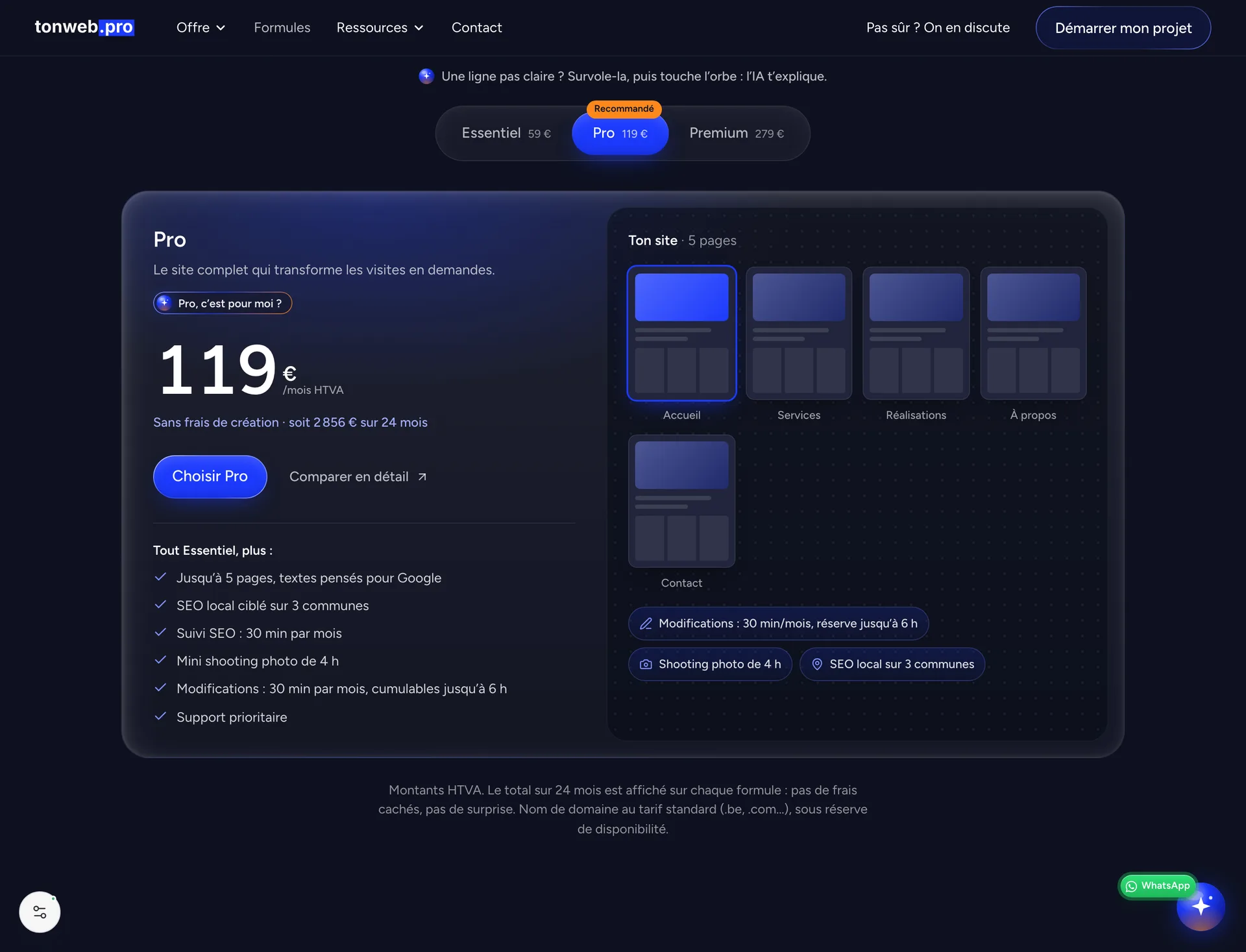 Pricing: three plans, one selector, no setup fee