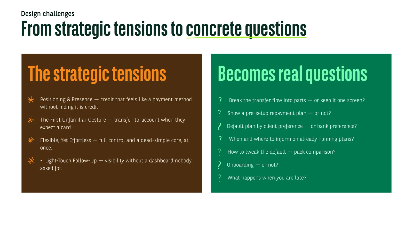 From strategic tensions to concrete questions